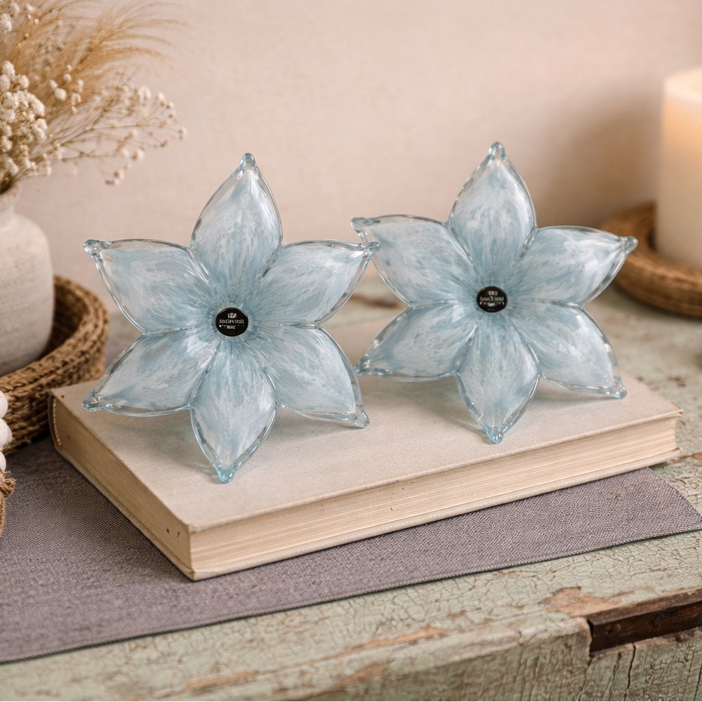 Murano Art Glass Clear Blue 5 Petal Flower Handmade in Italy Set Of 2
